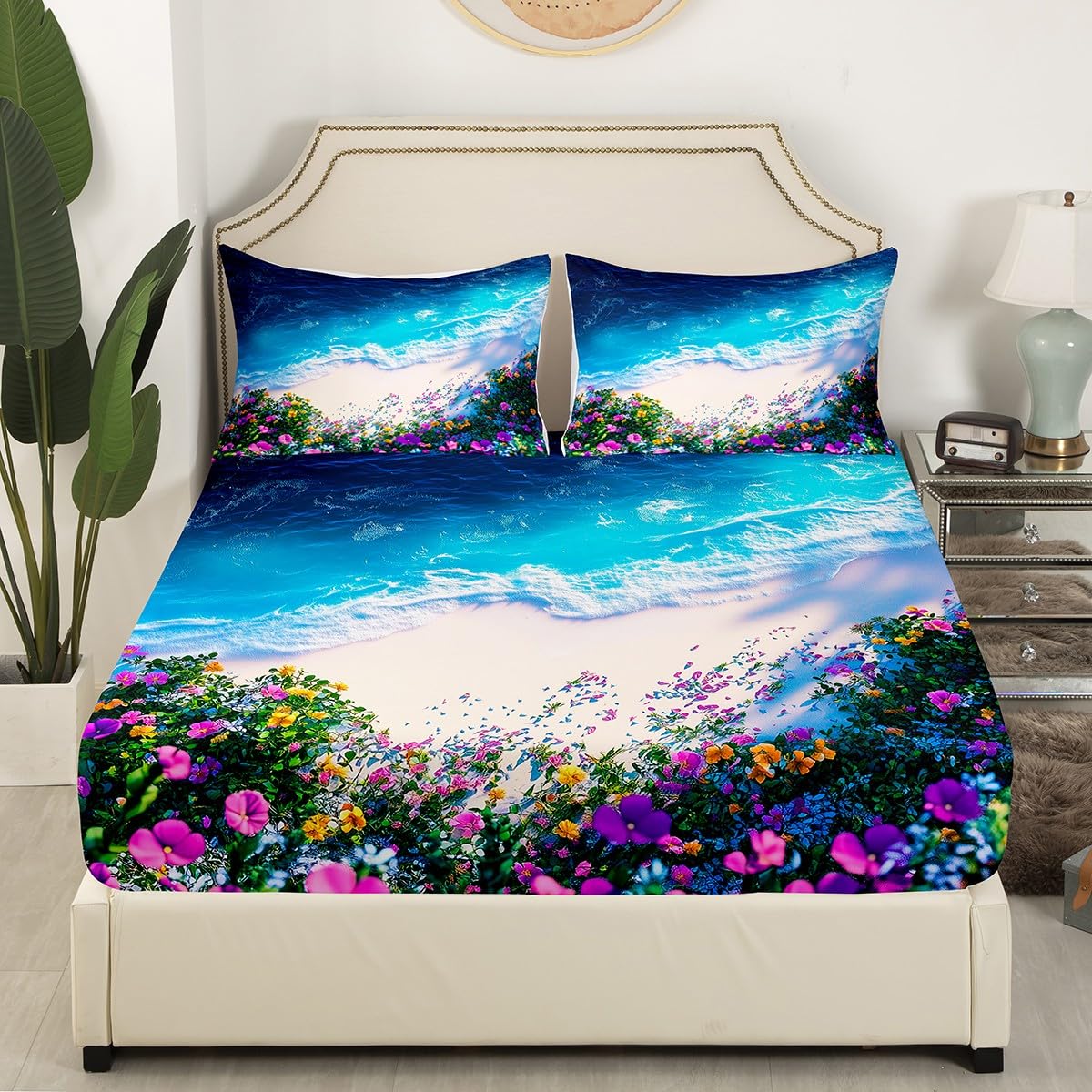 Feelyou Pretty Ocean Beach Bedding Sheets Full Cute Flower Bed Sheet Set for Adult Kids Blue Purple Yellow Fitted Sheet Beach Theme Bed Cover 3Pcs,1 Fitted Sheet+2 Pillow Sham（No Flat Sheet）