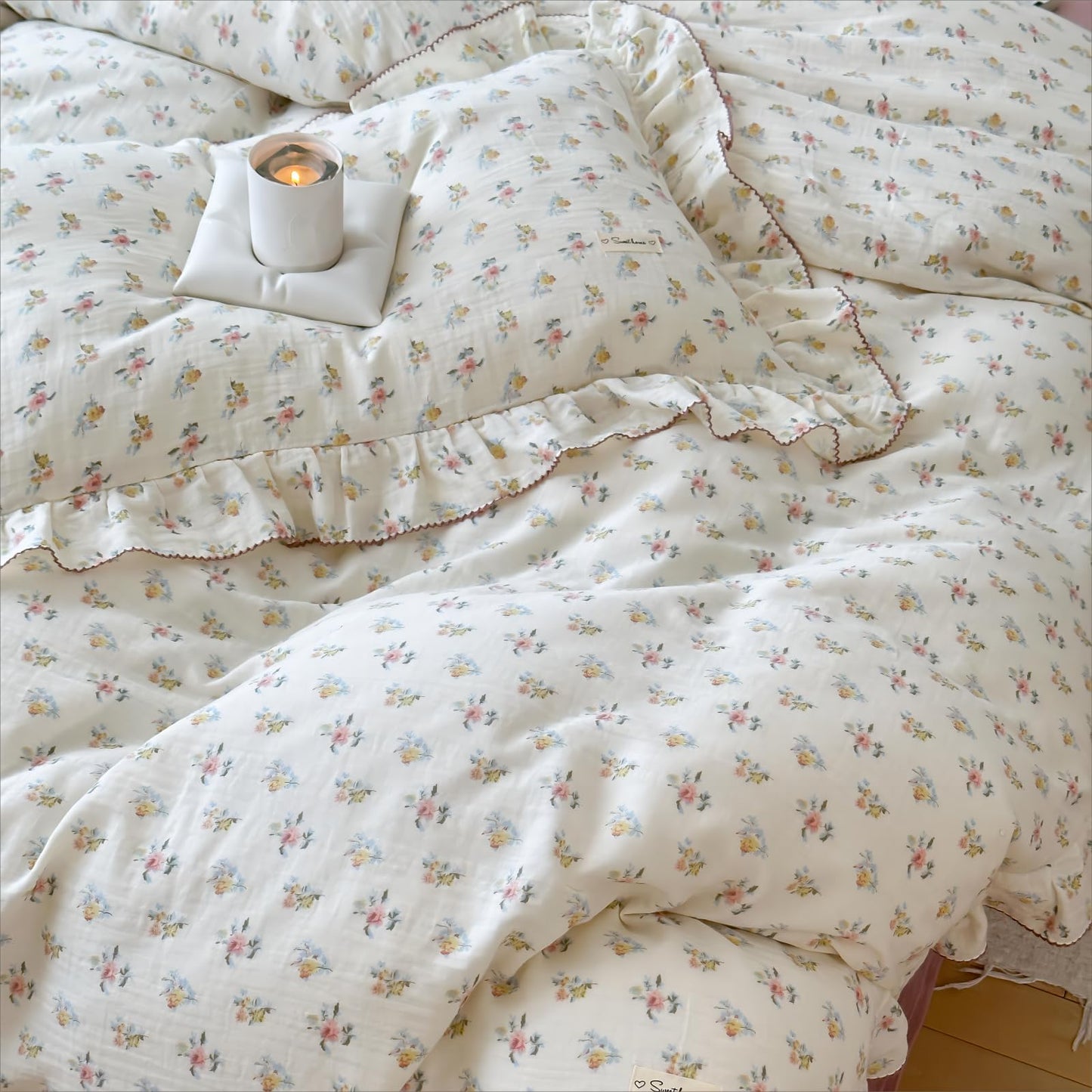BuLuTu Muslin Cotton Duvet Cover Set Queen, Ruffled Bedding Quilt Cover Shabby Chic Azalea Floral Comforter Cover, Soft Lightweight Bed Set for Kids Teens Young Adults, Machine Wash