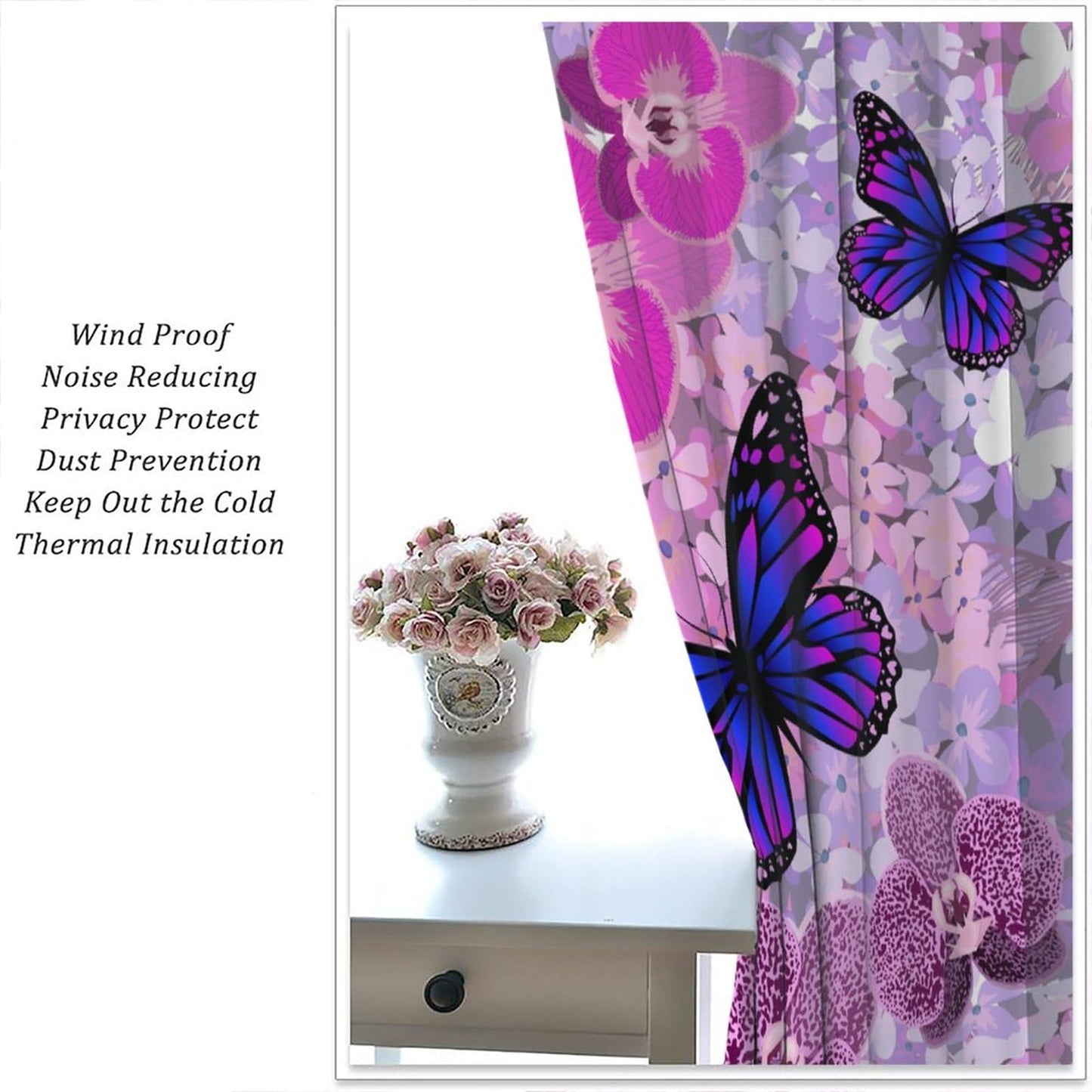 Butterfly Decor Curtains for Girls Boy Home Decor, Romantic Fantasy Butterflies Floral Thermal Insulated Drapes Darkening Window Curtain for Bedroom Living Room Set 2 Panels,42x45 Inches
