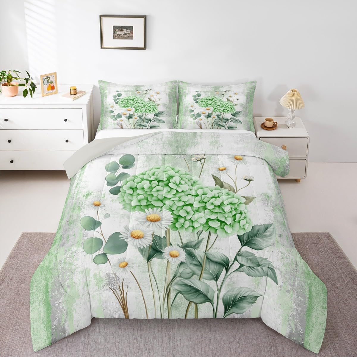 Erosebridal Green Hydrangea Flower Queen Comforter Set Spring Blossom Bedding Set Abstract Oil Painting Bed Set Watercolor Floral Rustic Farmhouse Quilt Set Ombre Green Grey Design for Adults
