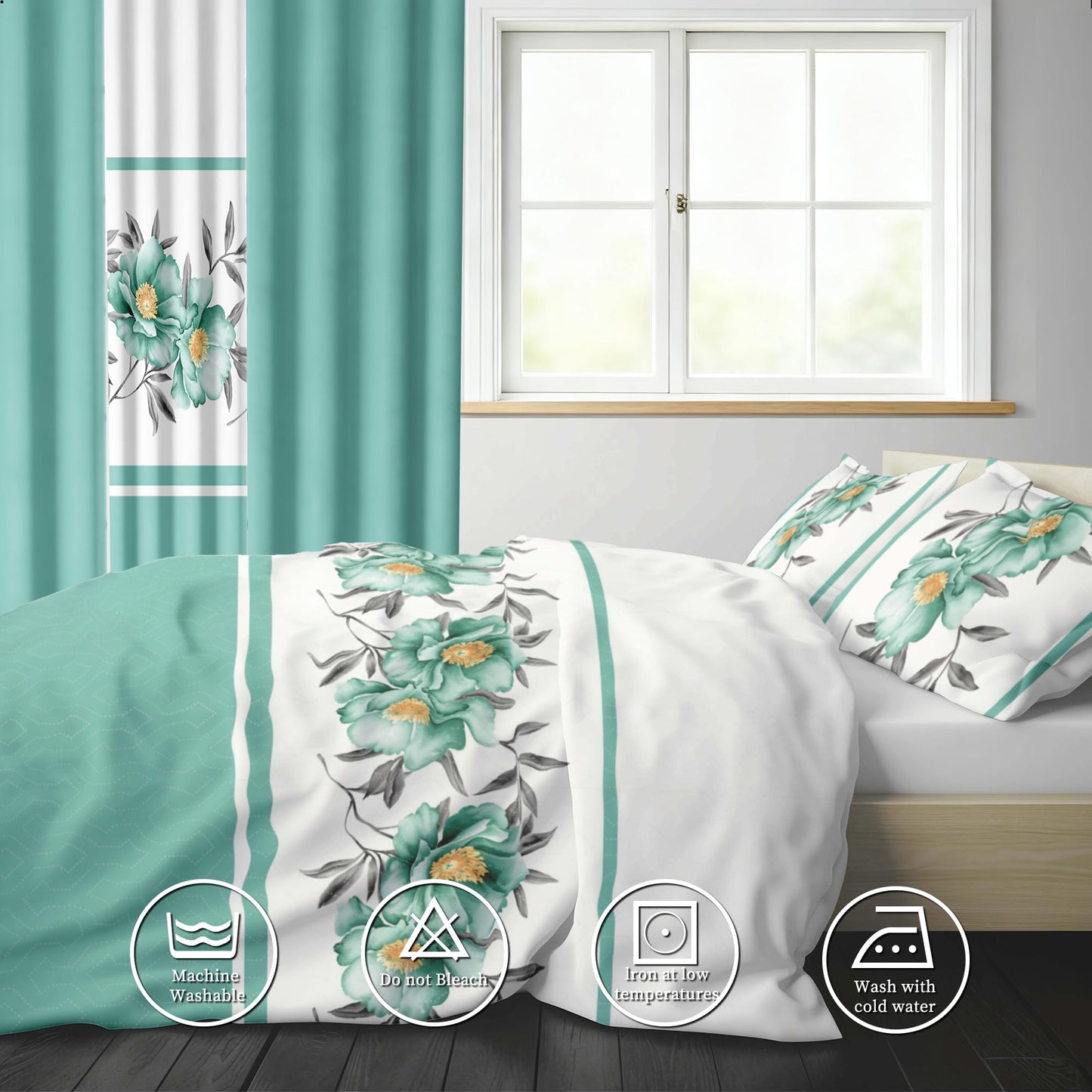 Deepsleep King Bedspread Set 9 Pieces, All Season Luxury Bed in a Bag for Bedroom, with 2 Pillowcases and 6 Curtains, Ultra-Soft Microfiber for Complete Bedroom Decor, Green Rose