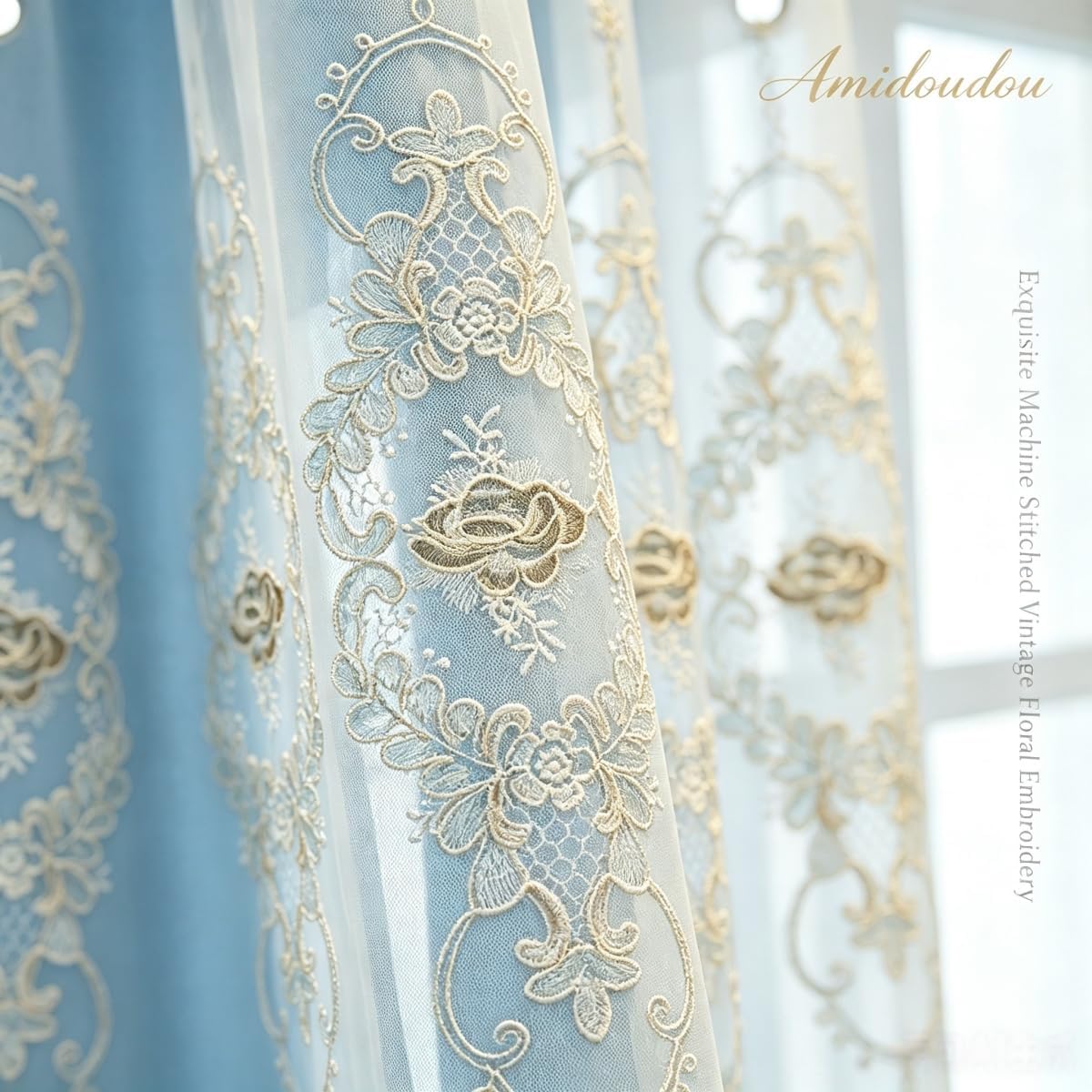 Amidoudou 1 Pair European Double Layer Curtains with Valances for Living Room Bedroom 3D Flower Embroidered Curtains (Blue,63x96 Inch)