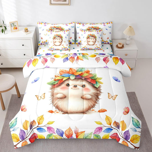 7 Pieces Cute Hedgehog Queen Size Comforter Set for Kids Kawaii Animal Bedding Comforter Sets, Colorful Leaves Bedding Set Chic Butterfly Bed in a Bag, Rainbow Polka Dots Reversible Bedding Sets