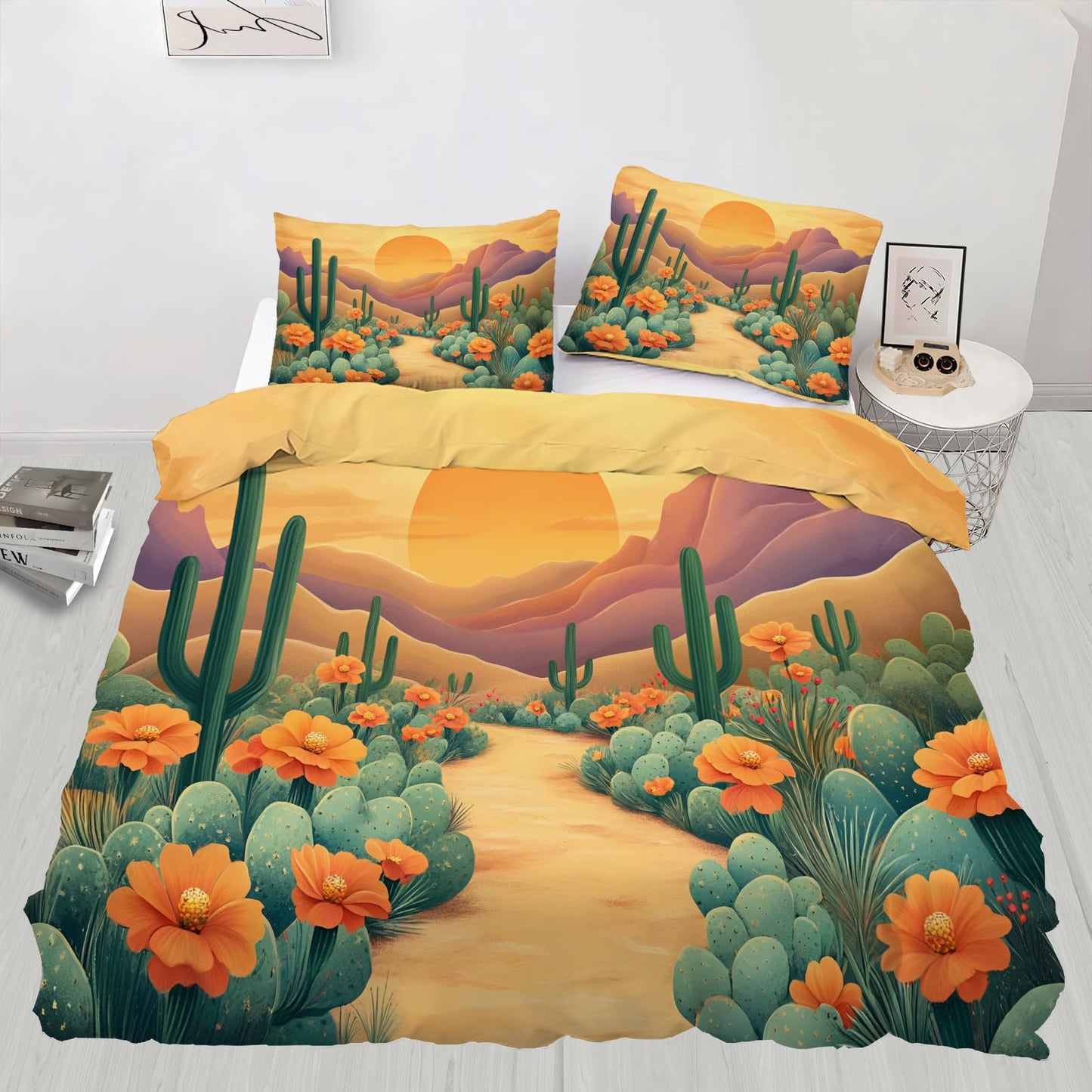 GKPLY Desert Cactus Bedding Sets Queen, Southwest Floral Duvet Cover, Boho Landscape Comforter Set, Zipper & Ties, 2 Pillowcases, Reversible Print, Western Sun Quilts & Home Decor, Easy Care