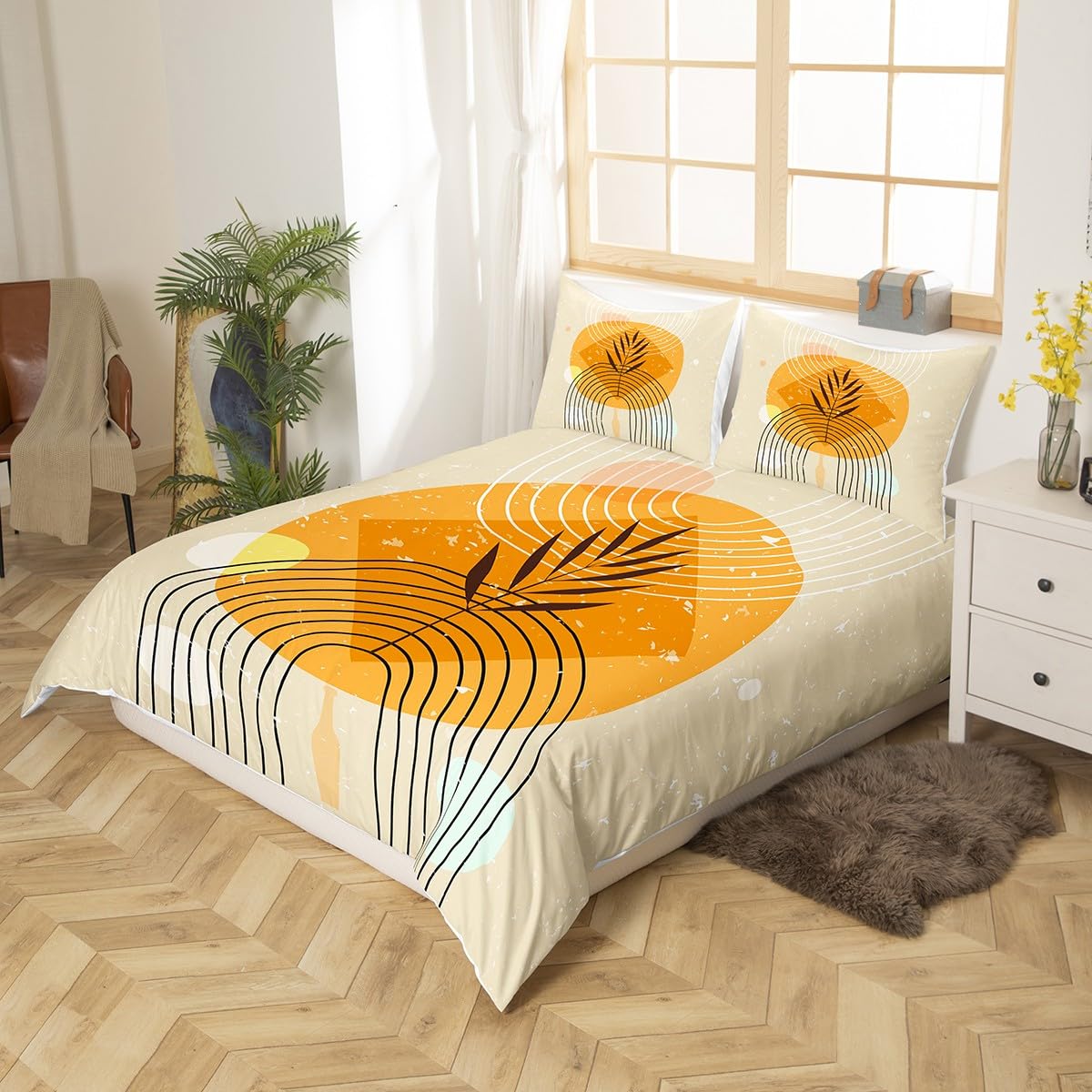 Erosebridal Geometric Stripe Duvet Cover Queen Retro Aesthetic Bedding Set, Beige Minimalism Comforter Cover Modern Artwork Bed Set, Mid Century Bedding with 2 Pillowcase Super Cozy (Zipper Closure)