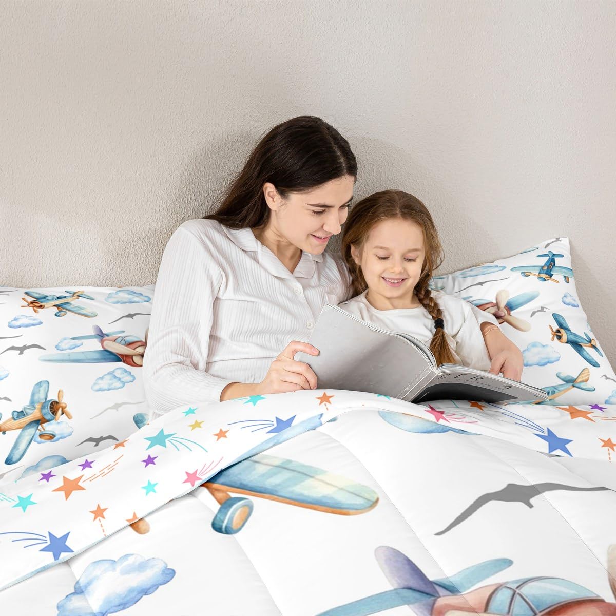 Erosebridal Boys Cartoon Propeller Plane Full Comforter Set, Aircraft Airplane Bedding Set, Blue Clouds Comforter for Kids Child Girls Adults Bedroom, Flying Birds Animals Duvet Insert