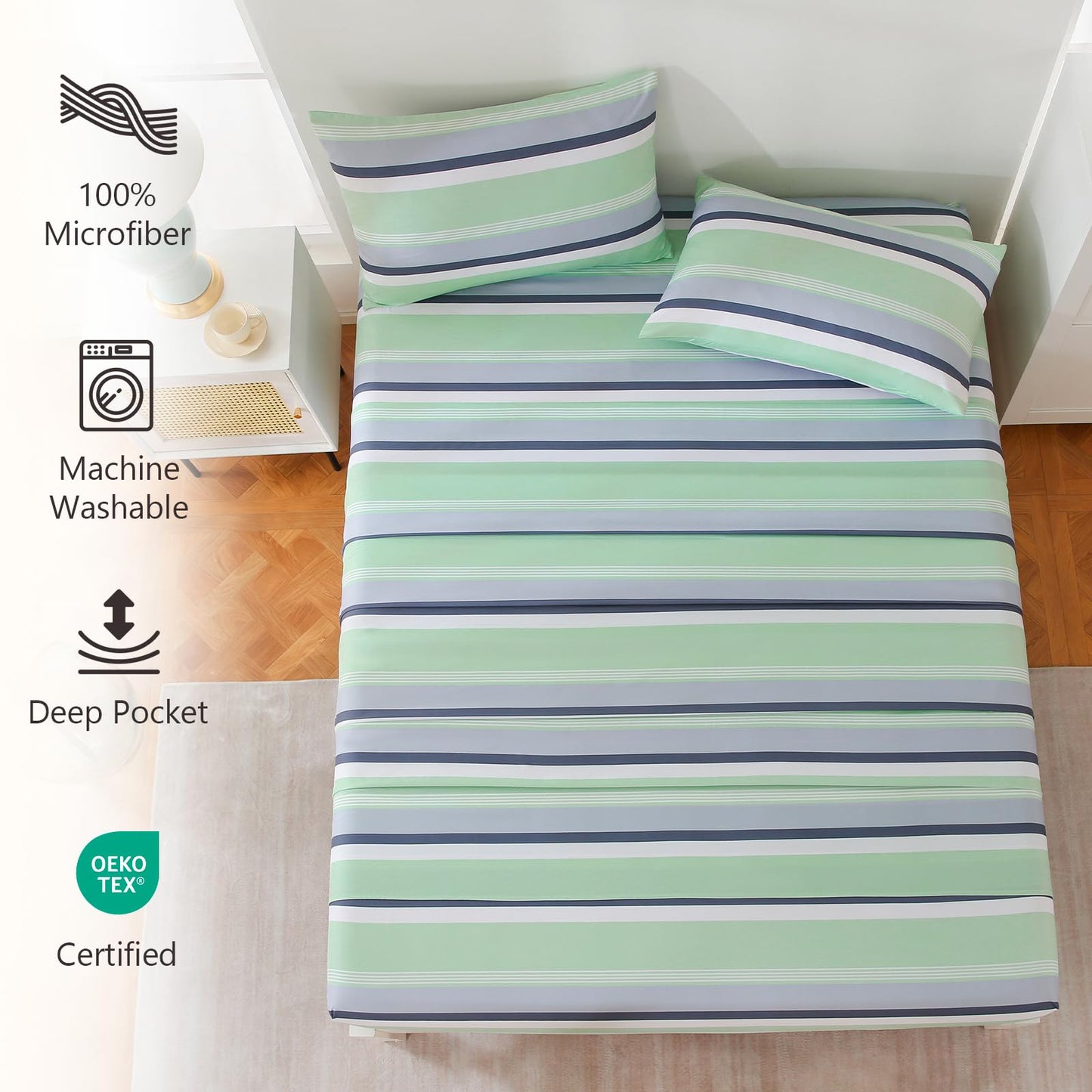 MCO 4Pieces Striped Sheets Set, Breathable King Sheet Set with 16" Deep Pocket,Modern & Luxury, Brushed Microfiber Bedding Set(King, Green Gray)