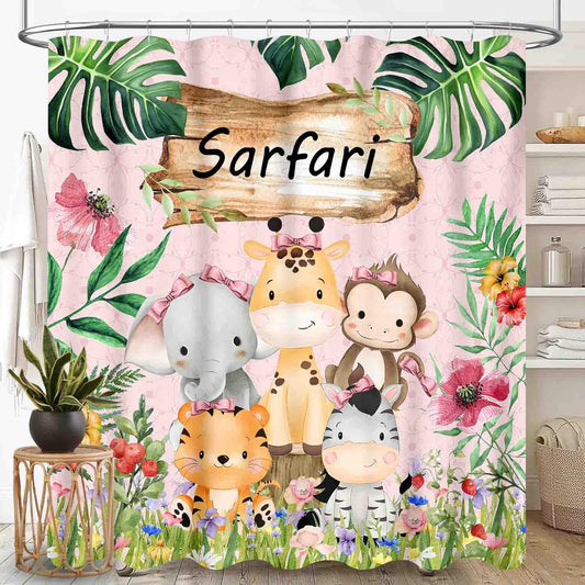 TKUYO Kids Safari Animals Shower Curtain, Cartoon Giraffe Elephant Monkey Woodland Jungle Tropical Leaf Pink Waterproof Fabric Bathroom for Baby Kids Shower Curtain Set with Hooks, 72"x72" Inch