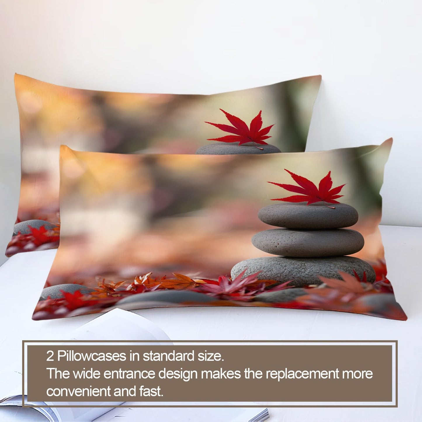 PAISUOQ Zen Stones Bedding Duvet Covers, Red Maple Leaves Comforter King Size, Spa Meditation Bedding Sets with Zipper & Ties, 3 Pieces with 2 Pillowcases, Home Decor & Gifts