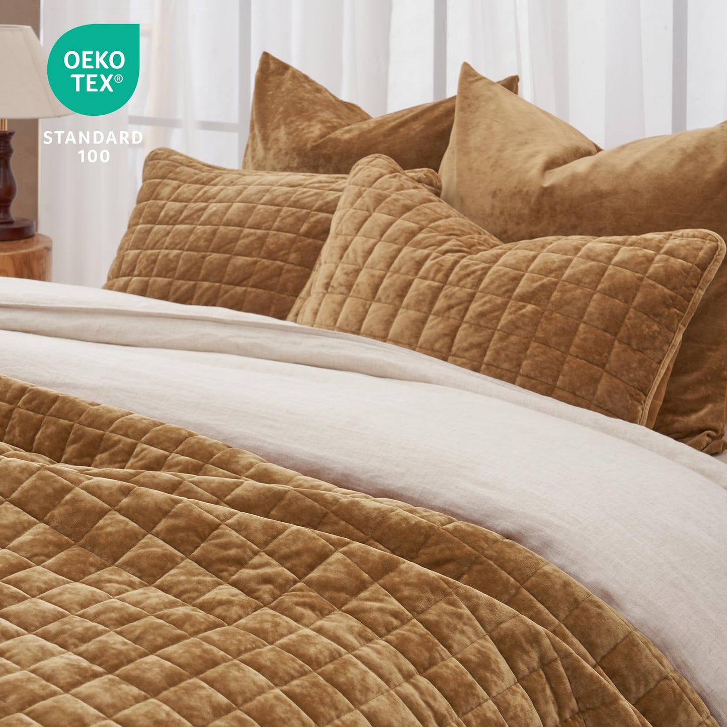 PHF Luxurious Velvet Quilt Set King Size – 3PCS Super Soft Quilted Comforter Alternative with Square-Box Quilt Pattern, Warm Quilted Bedspread Coverlet, 108" x 92", Rusty Burnt Orange