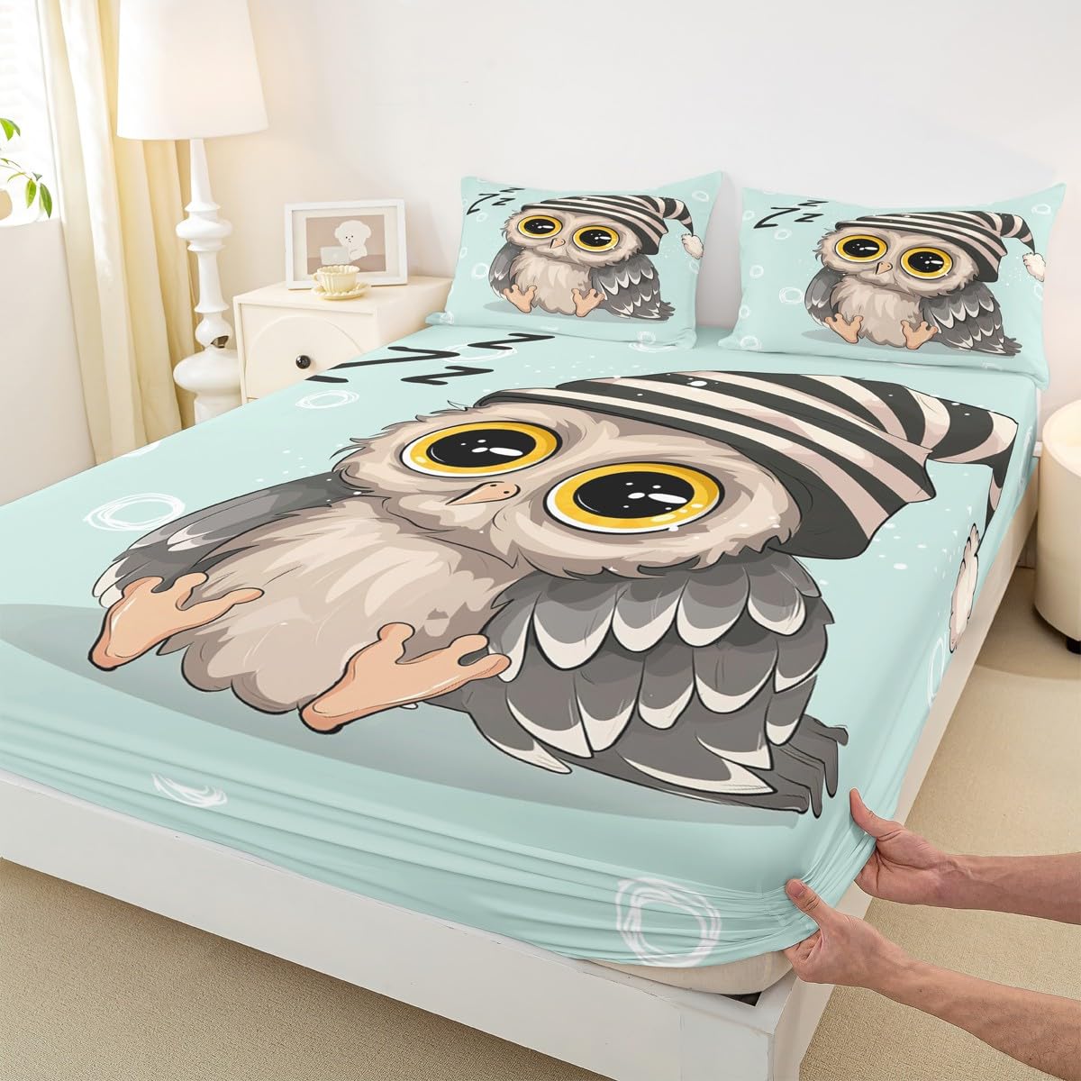 Manfei Owl Sherpa Fitted Sheet Full,Sleeping Sign Bedding Set 3pcs for Kids Teens Girls Room Decor,Contemporary Style Bed Cover Light Green Bed Sheet Set with 2 Pillowcases