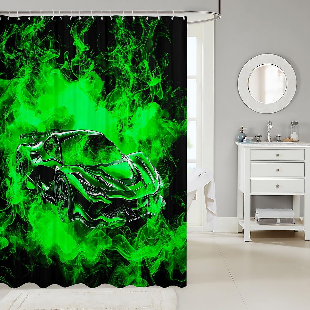 Feelyou Speed Sports Car Shower Curtain 72"x72" Smoky Race Car Bath Curtain for Boys Girls Teens Racing Bath CurtainWaterproof Polyester Fabric Extreme Sports Kids Bathroom Accessories Black Green