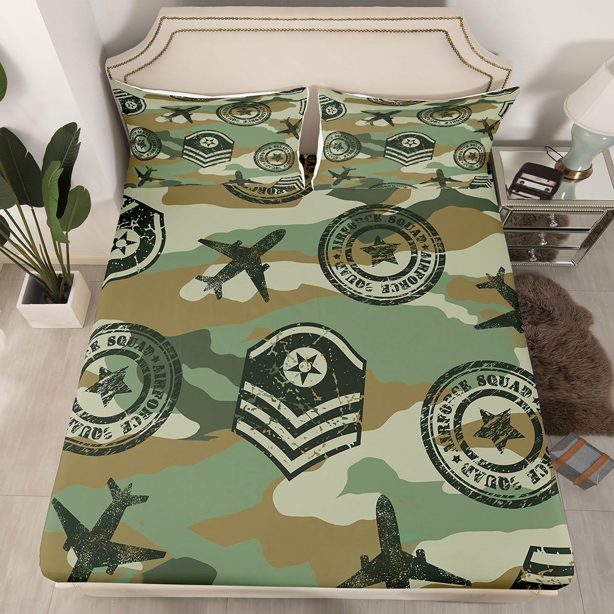 Kids Camo Airplane Bed Sheet Set Camouflage Airplane Decor Bedding Sheets for Teens Boys Military Aircraft Bedding Fitted Sheet Novelty Modern Army Green Bed Cover Bedroom Collection 3Pcs Full Size