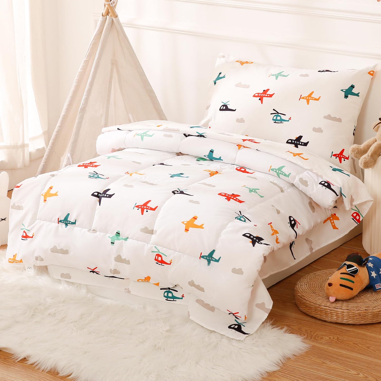 JSD Airplane Toddler Bedding Set, 4 Piece Bed-in-a-Bag Toddler Comforter Sheet Set, Machine Washable