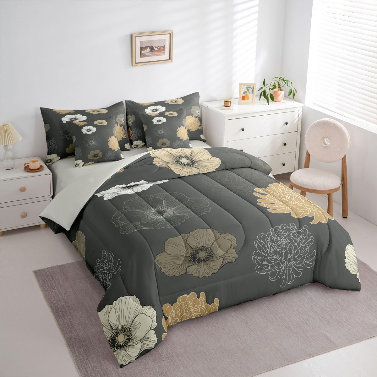 Feelyou Floral Flower 7 Piece Bedding Set Grey Brown Comforter Set with Sheets for Kids Boys Girls Poppy Flower Hydrangea Bed in a Bag Damask Print Bed Set Soft Lightweight