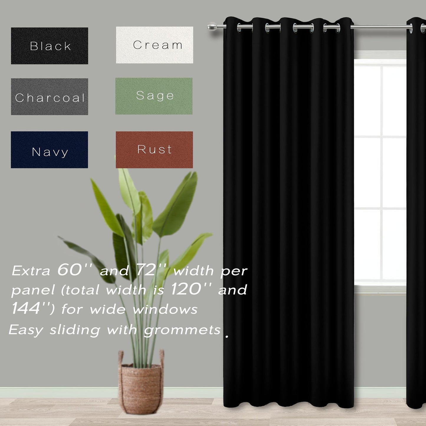KOUFALL Black Curtains for Bedroom 63 Inch Length x 72 Inches Wide,Room Darkening Black Out Curtain 72x63 Inches Long