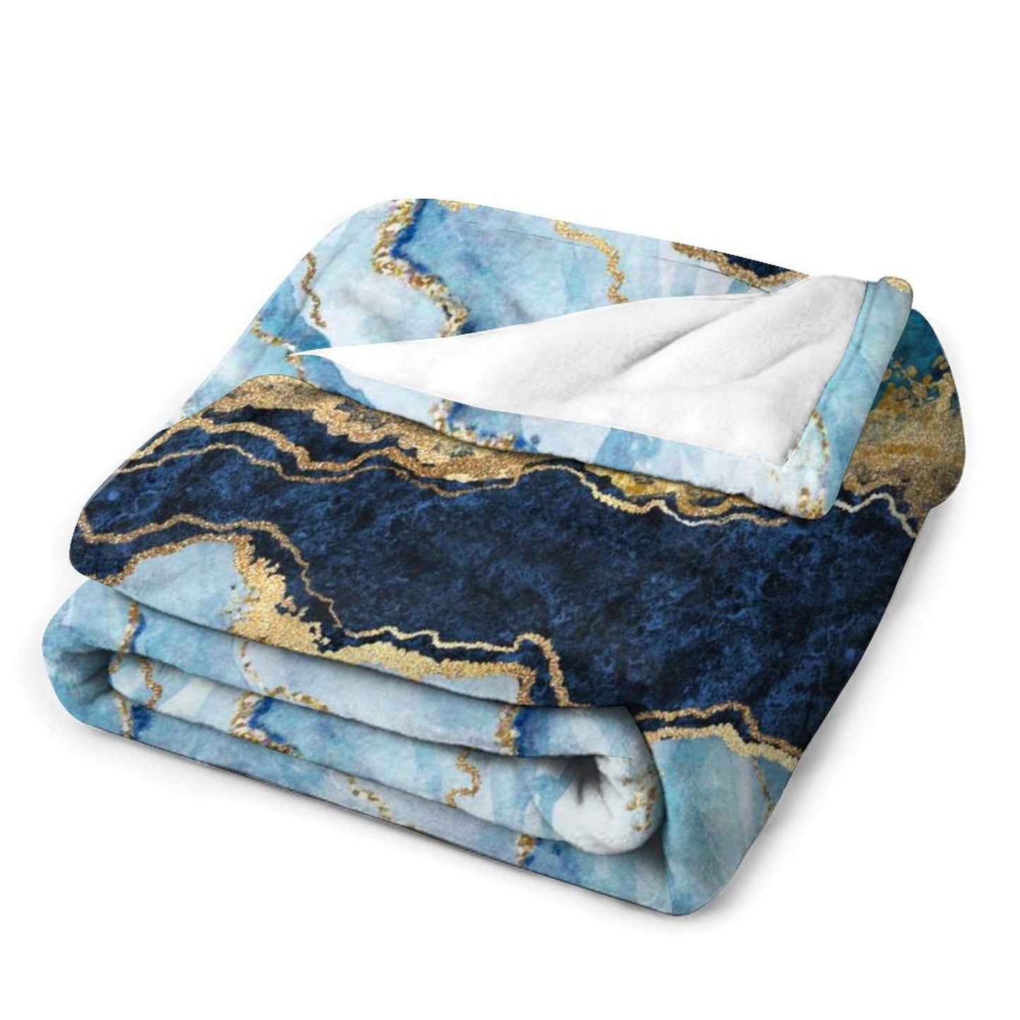 Marble Throw Blanket, Modern Abstract Foil Texture White Blue Gold Marble All Seasons Blanket for Bed Sofa, Super Soft Cozy Shaggy Blanket for Trave and Camping 40"x50"