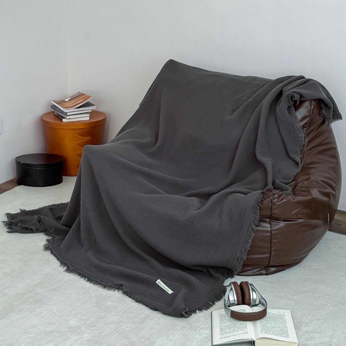 MorroMorn 100% Cotton Muslin Throw Blanket with Fringes 50"x60", 4-Layer Cotton Gauze Blankets for Adults, Boho Bedding Breathable Lightweight Ultra-Soft for Couch Bed Sofa All Seasons, Dark Grey