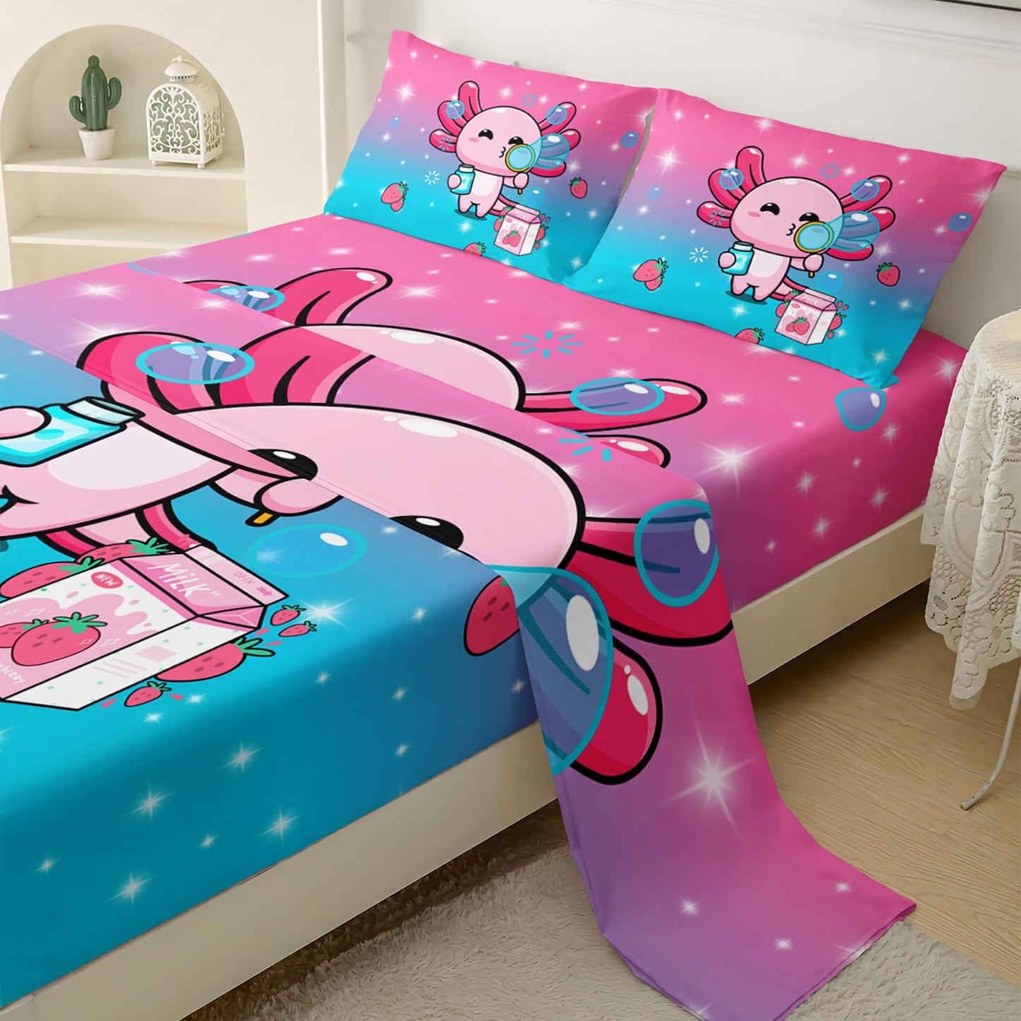 QOOMO Kawaii Axolotl Sheet Set,Pink Salamander Kids Bed Sheets,Strawberry 16" Deep Pocket Bed Sheet Set for Boys/Girls/Kids/Teens，1 Fitted Sheet,1 Flat Sheet and 2 Pillowcases，Twin Size