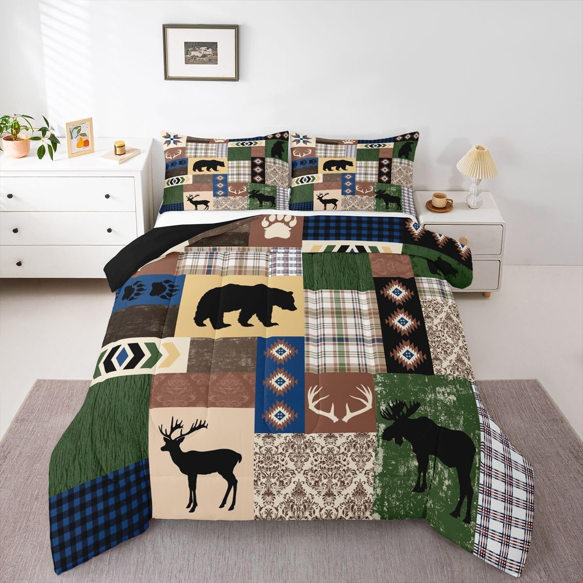 Erosebridal Rustic Kids Comforter Set | Farmhouse Bear Bedding King,Wild Hunting Theme Down Comforter Western Country Duvet Set for Bedroom