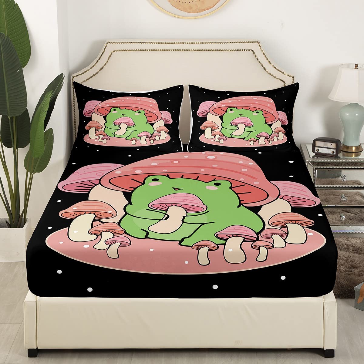 Feelyou Cartoon Mushroom Frog Bedding Fitted Sheet Cute Frog Bed Sheet Set for Kids Boys Girls Natural Wild Fungus Bedding Sheets Pink Mushroom Bed Cover 1 Bed Sheet Set with 2 Pillowcases Full Size