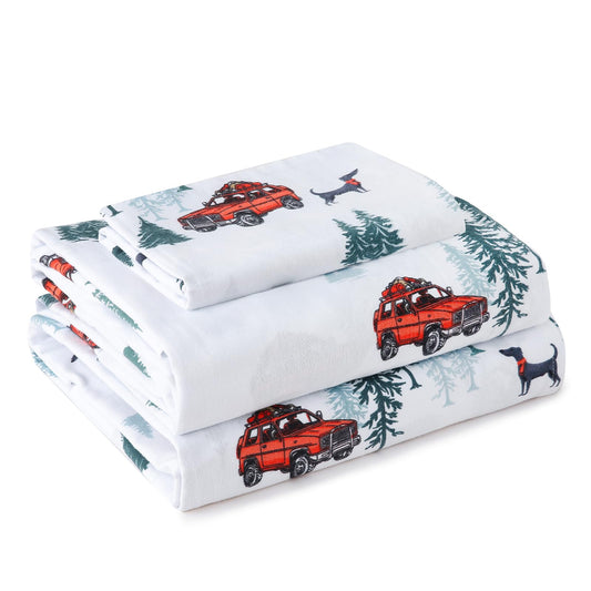 LONAVA 100% Cotton Flannel Sheet Set 4 Pieces, Heavy-Duty Fluffy Flannel Design, Thermal Lock Technology, 16 inch Deep Pocket Cozy Soft Bedsheets,(Twin,Forest Jeep)
