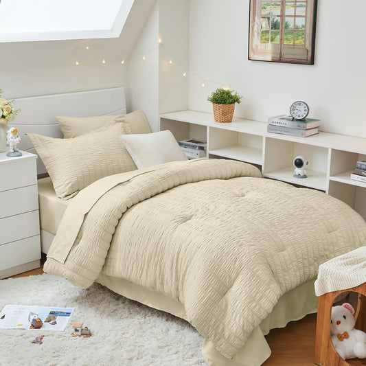 HYMOKEGE Oatmeal Twin Comforter Set Seersucker 5 Pieces, All Season Luxury Bed in a Bag for Bedroom, Bedding Set with Comforter, Sheets, Pillowcase & Sham