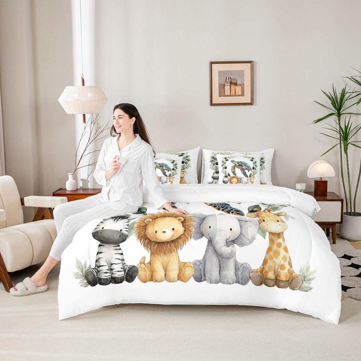 Erosebridal Cute Zoo Animal Twin Size Comforter Set with Sheets Kids | Tortoise Sea Turtle 7-Piece Bedding Set Botanical Eucalyptus Bed in a Bag Cartoon Zebra Lion Elephant Giraffe Bed Quilt Sets