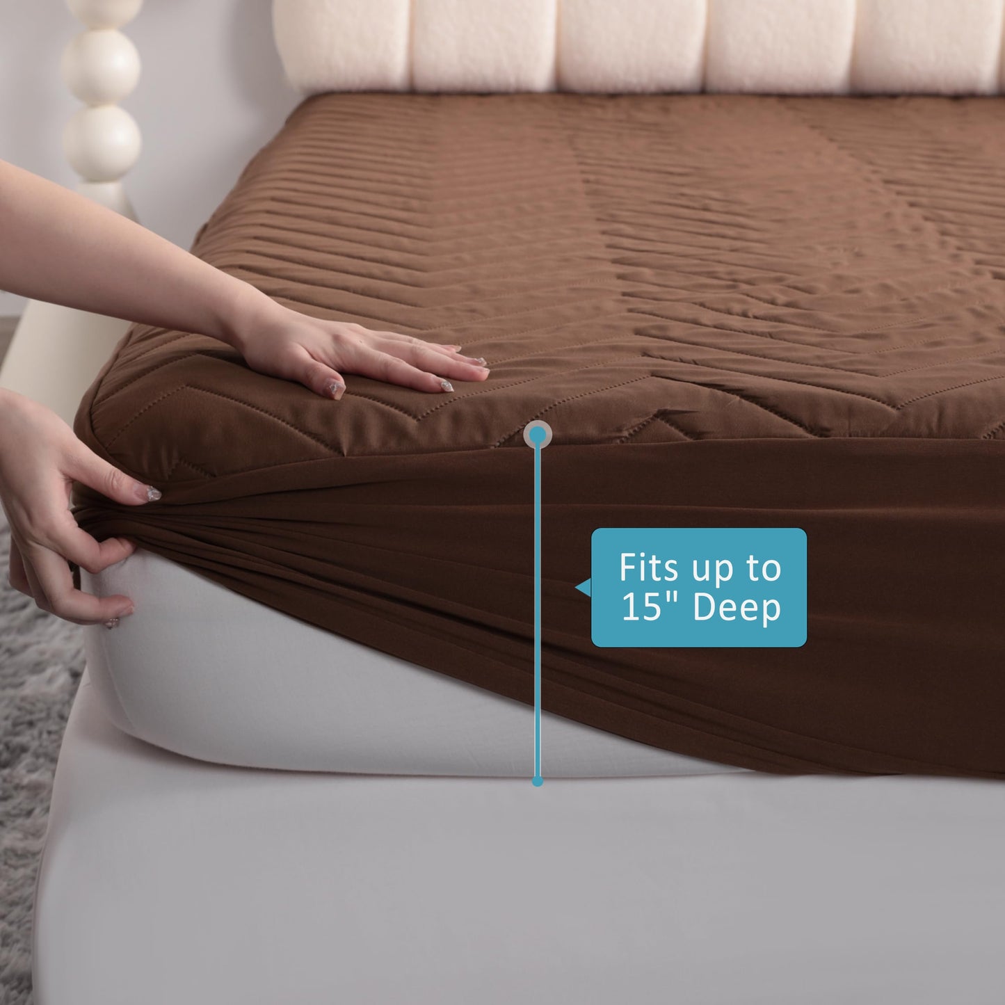 NTBAY Waterproof Mattress Protector, Quilted Twin Fitted Mattress Cover with 15" Deep Pocket- Machine Washable - Soft Mattress Pad Cover, Brown