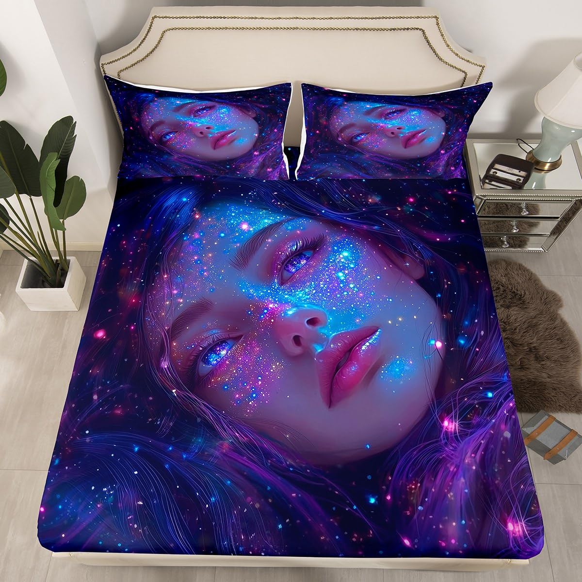 Erosebridal Anime Girl Bed Sheets Queen Size Galaxy Star Girls Fitted Sheet, Modern Fantasy Dreamy Girly Bed Set for Men Women Japanese Girl 3D Sheets 3 Pieces (No Flat Sheet)