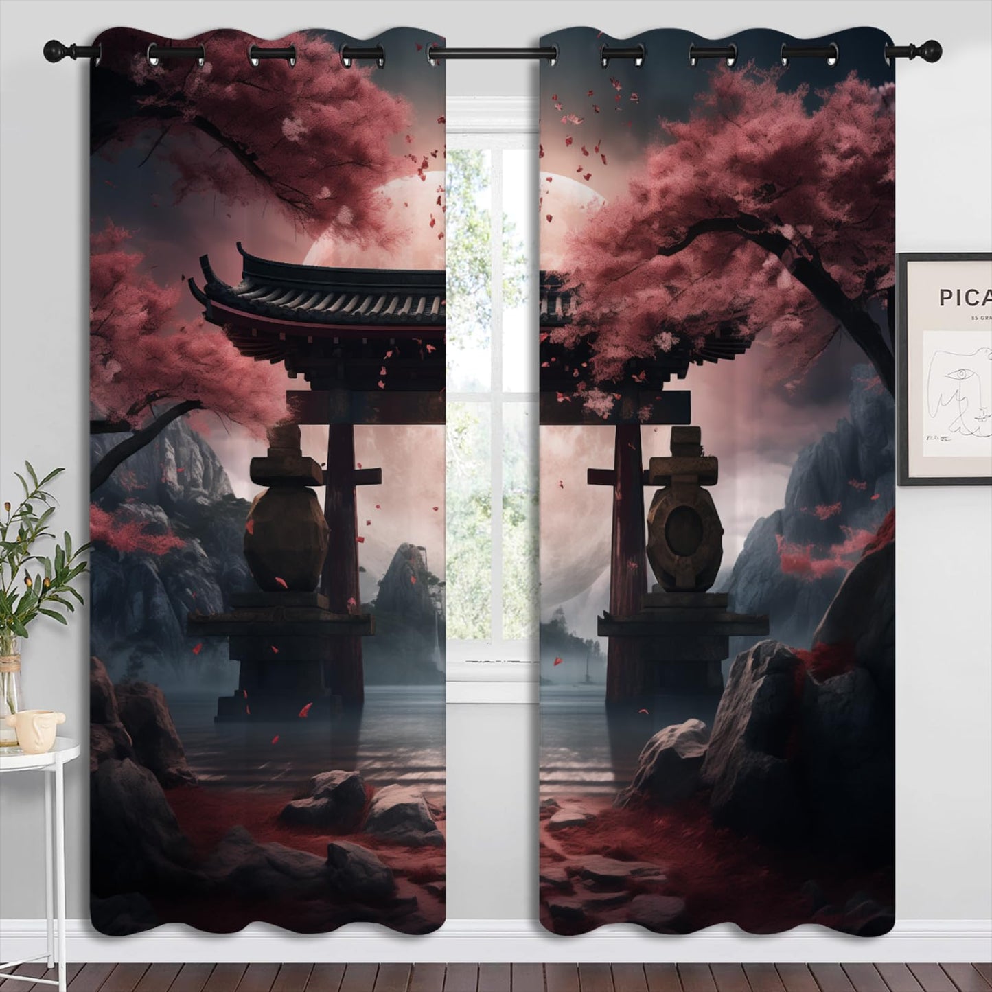 LHROOMJK Japanese Cherry Blossom Blackout Curtains for Boys Girl Bedroom Home Decor,Asian Anime Floral Mountain Pink Moon Thermal Insulated Grommet Darkening Living Room Window Drapes, 72 x 63 inch