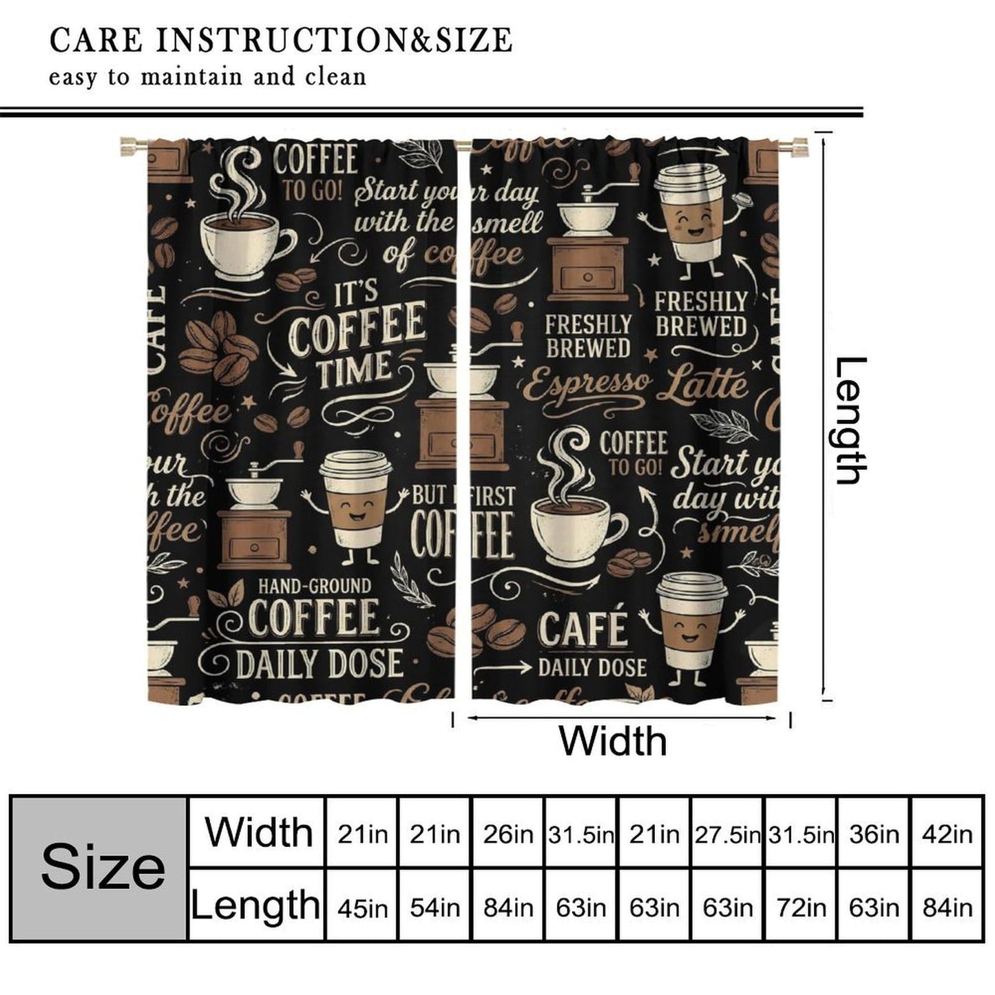 PHTAYOT Coffee Curtains Brown Beans Cups Abstract Letters Afternoon Tea Theme Pattern Blackout Window Drapes for Kitchen Living Room Bedroom,42x54 Inch,2 Panels