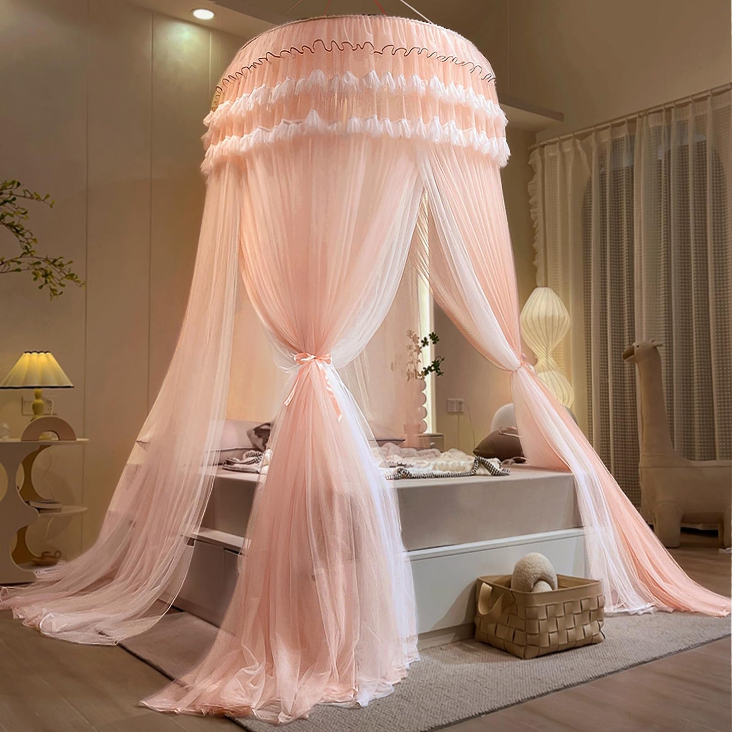 Kertnic Dreamy Bed Canopy for Girls, Princess Canopy Curtains Double Layer Sheer Mesh, Adults Canopies Netting Room Decor Tent Mosquito Net for Queen King Bed (Double Layer-Beige Pink)
