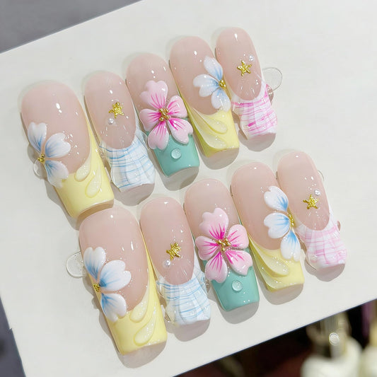 24Pcs Long Square Press on Nails Spring Floral Fake Nails with 3D Flower Starfish Pearl Rhinestones Designs Glitter Full Cover Nude Pink Glue on Nails Cute False Nails for Women Acrylic Manicure Decor