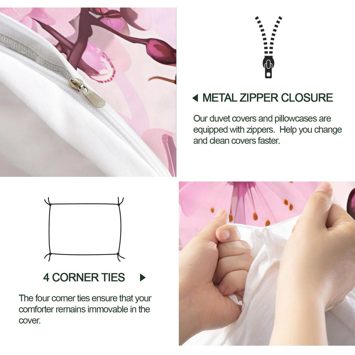 QINYUN Pink Floral Duvet Cover Oversized King, Cherry Blossoms Bedding Set 3 Piece, Girl Pink Flowers Duvet Cover with Zipper & Ties, 2 Pillowcases