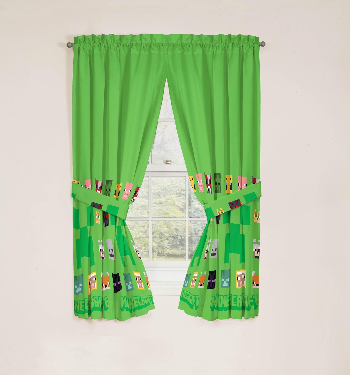 Sunny Side Up Window Curtains for Kids Bedroom 4-Piece Drape Set with 2 Tiebacks, Green - Minecraft, 42" W x 63" L (Pack of 2)