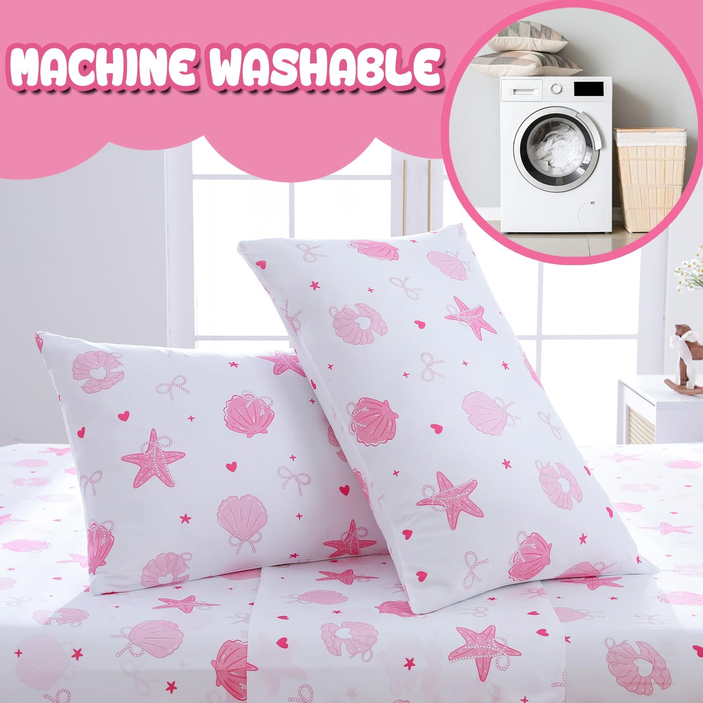 Yibeizi Pink Twin Sheets Set Kids Beach Bedding Coastal Bed Sheets for Girls Ocean Print Bedsheets Microfiber Deep Pocket Beachy Patterned Bed Sheet & Pillowcase Sets 3 Pieces