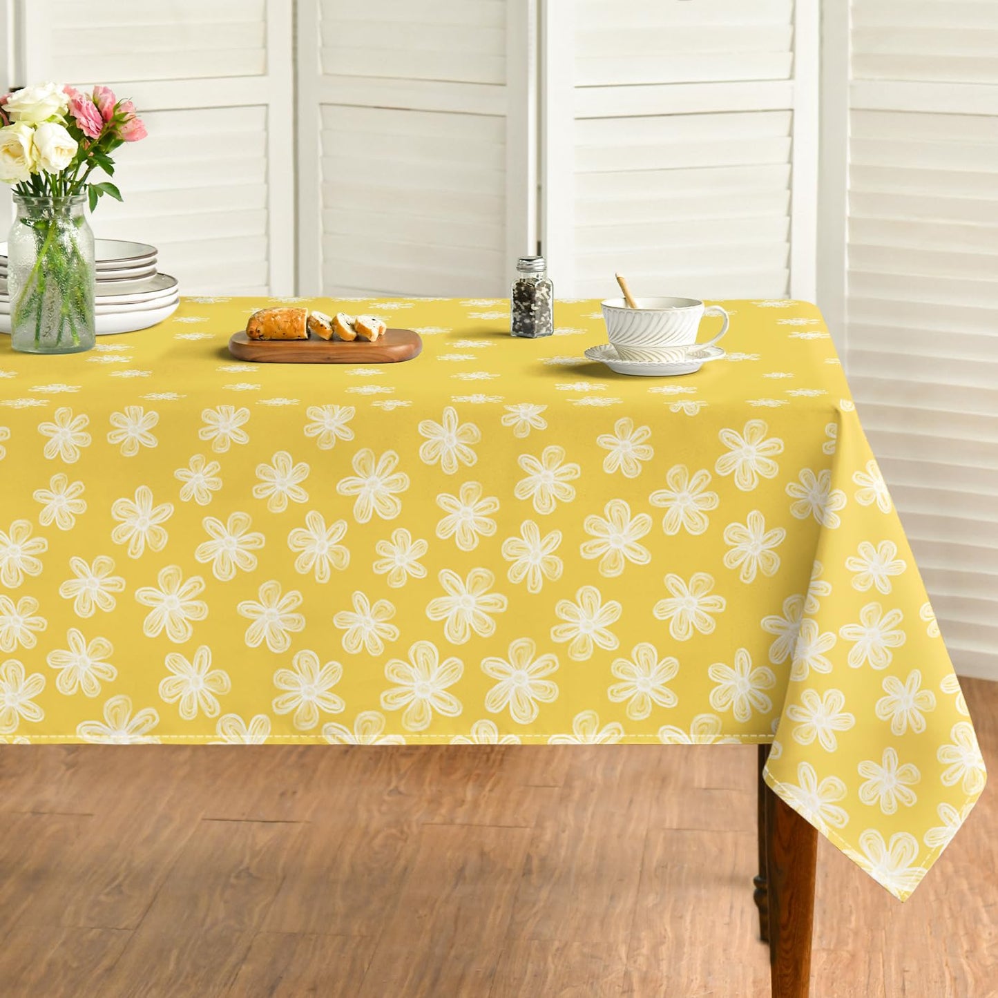 Horaldaily Spring Tablecloth 60×84 Inch Rectangular, Sketchy Style Flowers Yellow Washable Seasonal Table Cover for Party Picnic Dinner Decor