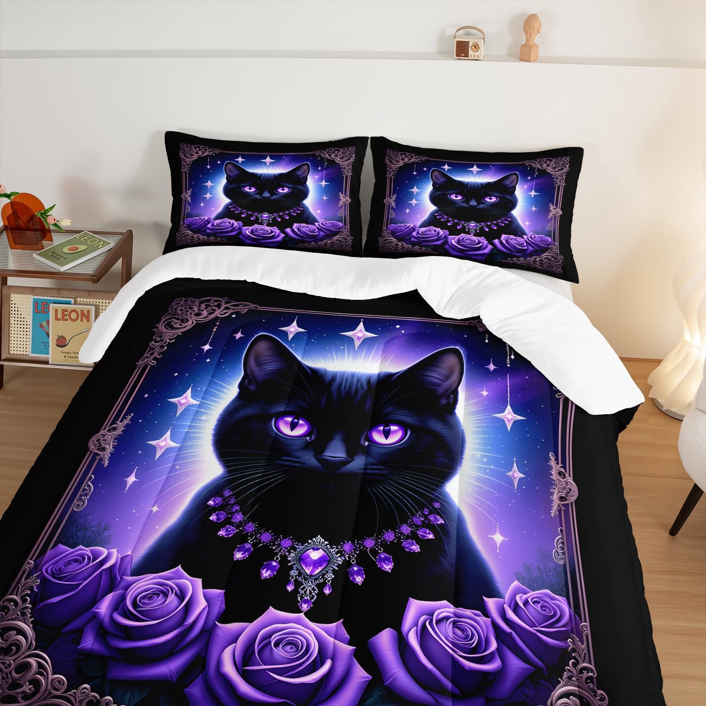 HOSIMA Cat Queen Comforter for Kids Boys Girls Room Decor,Black Cat Wearing Diamond Necklace Surrounded by Roses,Animal Themed Glowing Stars Background Pattern Cute Bedding with 2 Pillowcases.