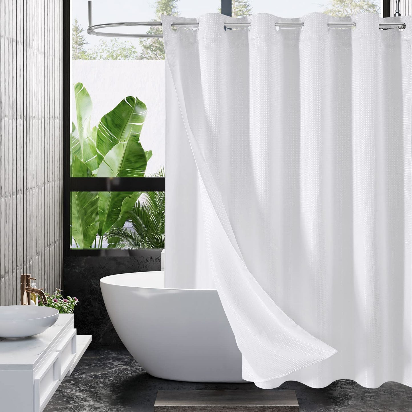 MitoVilla No Hooks Need White Waffle Shower Curtain Liner Set, Modern Waffle Weave Fabric Shower Curtains with Snap-in Liner for Luxury Hotel Grade Spa-Like Bathroom Decor, 72 x 74