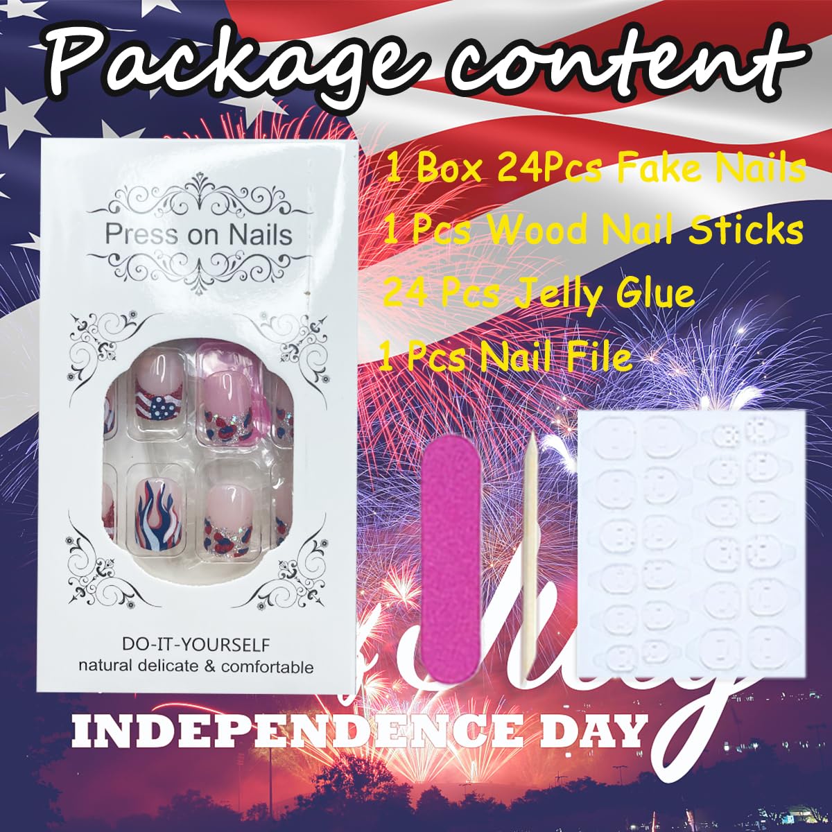24Pcs 4th of July Press on Nails Short Square French Tip Fake Nails with Designs Glitter Heart Flame Firework Nails Tip False Nails Artificial Glue on Nails for Women DIY Independence Day Nails
