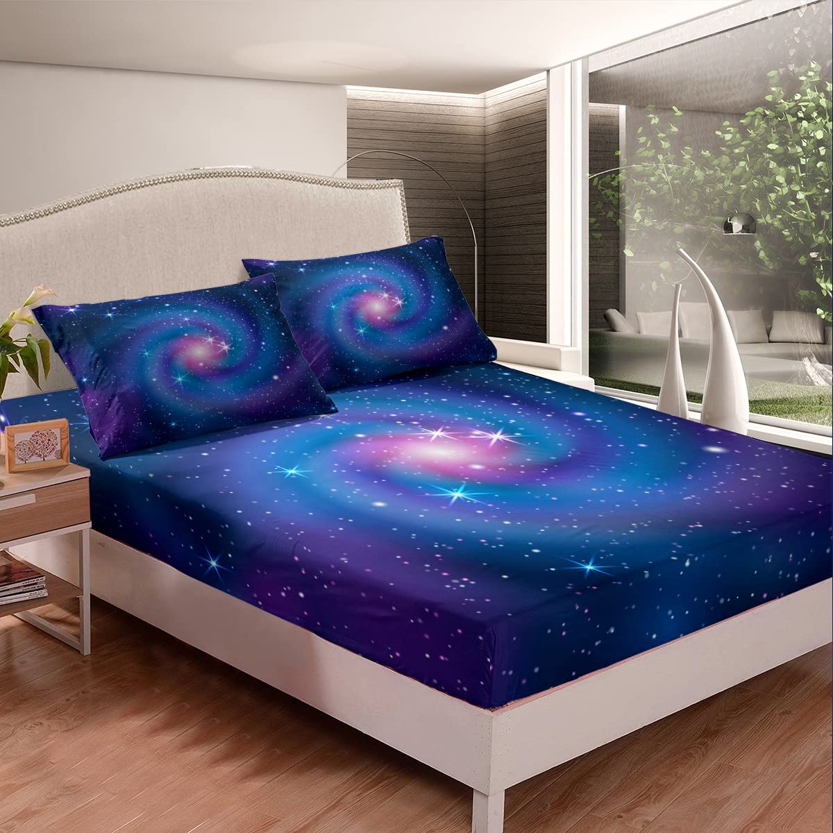 Erosebridal Purple Starry Sky Fitted Sheet Twin Size Kids Teens Galaxy Sheet Set Outer Space Star Universe Printed Bed Cover for Boys Girls,Decorative 2 Pcs Bedding Set (1 Fitted Sheet 1 Pillow Case)