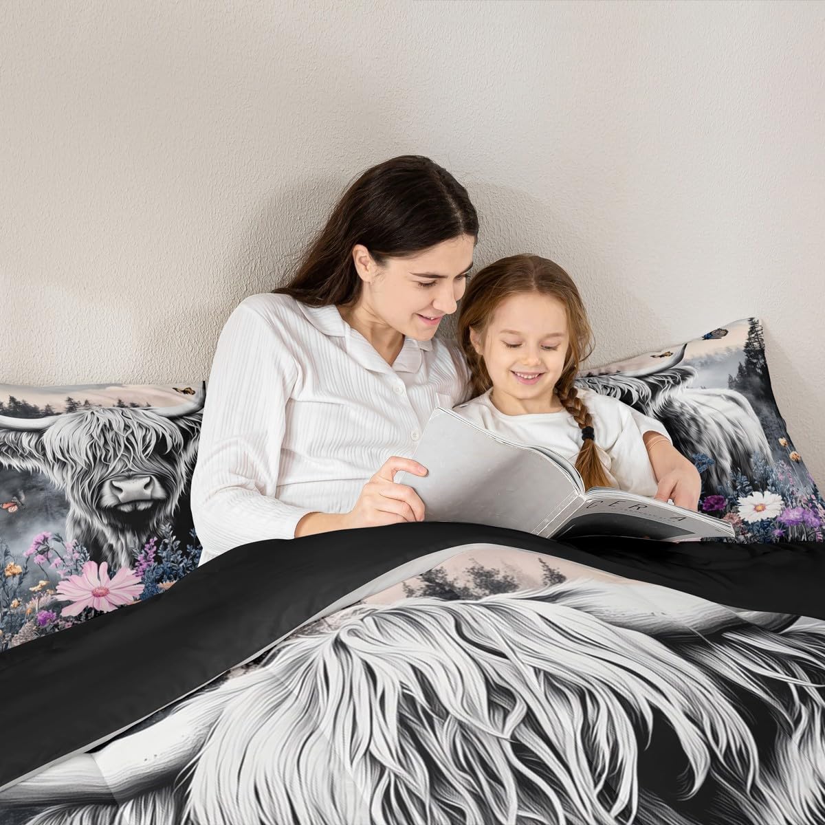 Erosebridal Highland Cow Flower Comforter Set Full Size Bull Cattle Bedding Set Western Funny Animal Duvet Stuffing Wildlife Farmhouse Cow Bed Quilt Mountain with Firforest Bedroom Decor