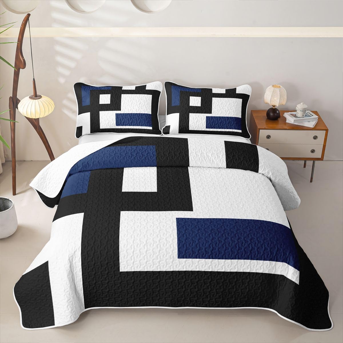 Erosebridal Black and White Striped Quilt Twin Abstract Square Quilt Set for Kids Teens Adult Modern Geometric Stripes Bold Lines Quilted Bedspread Minimalist Stylish Plaids Coverlet with 1 Pillowcase