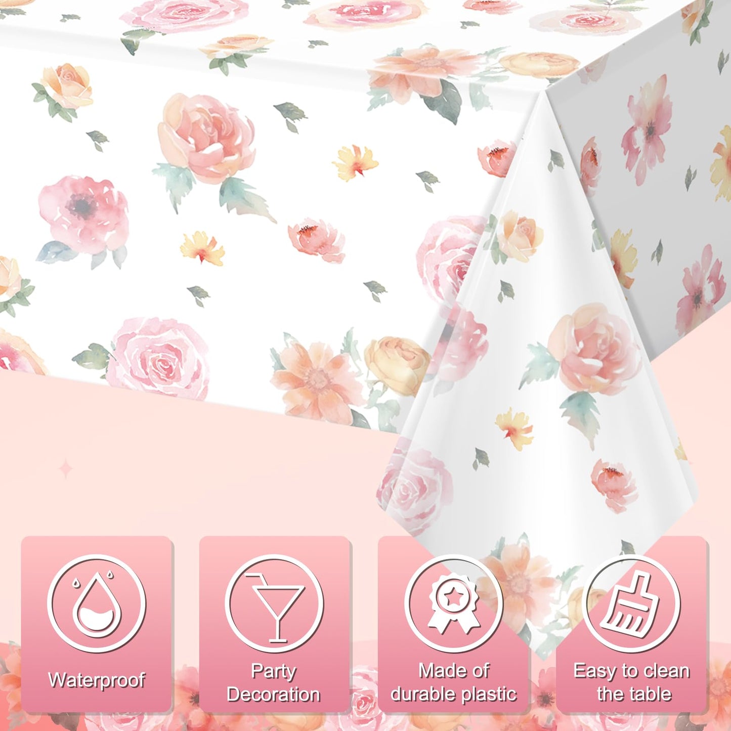 3 Pcs Spring Floral Tablecloth, Pink Wildflower Plastic Disposable Tablecloth Rectangle Table Covers for Easter, Birthday, Wedding, Baby Shower, Tea Party and Mothers Day Decorations,54 x 108 Inch