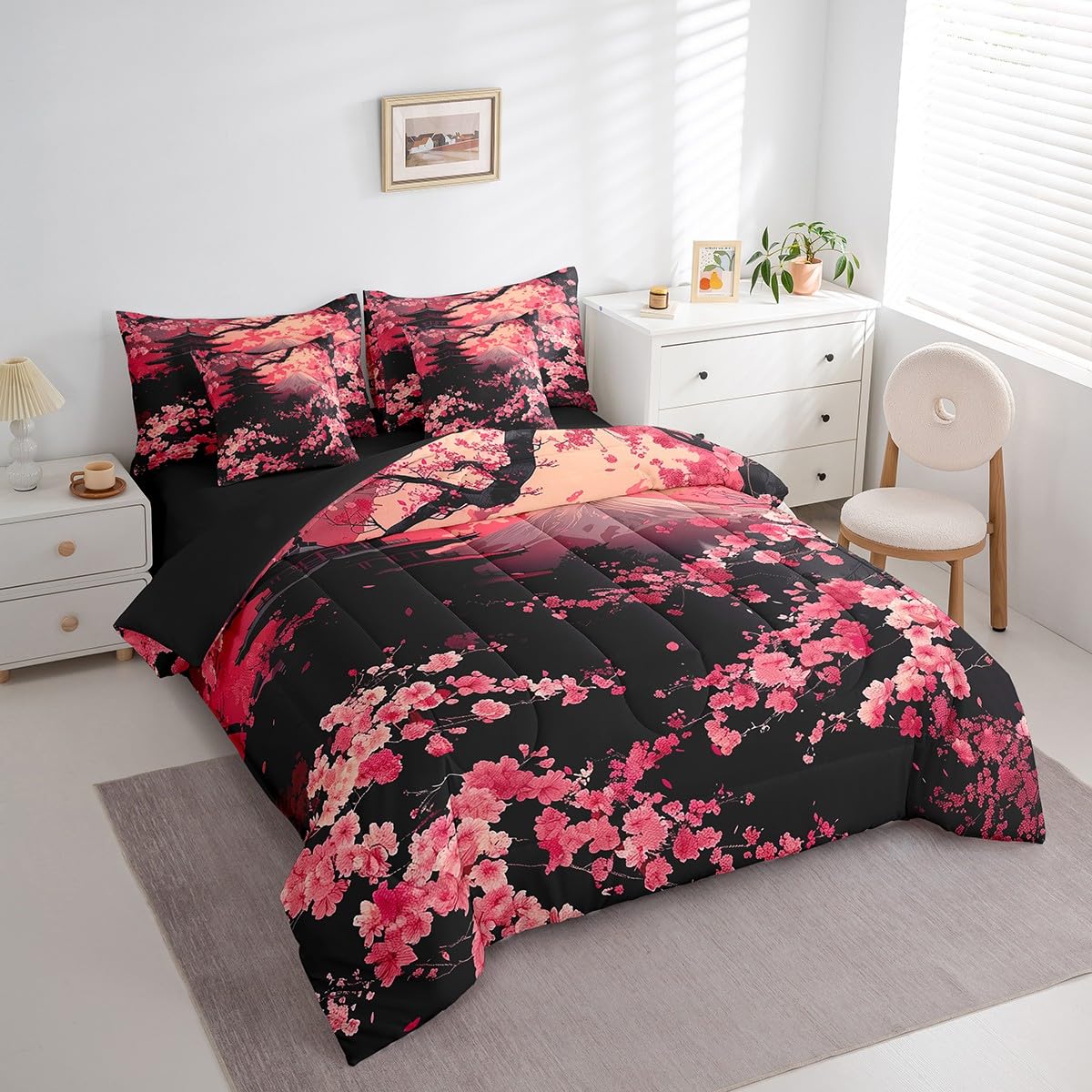 Erosebridal Pink Cherry Blossom Queen Comforter Set with Sheets,Oriental Japanese Style Bedding Set for Kids Adults,Mountain Scene Bed Set with Fitted+Flat Sheet,Pillowcases,Throw Pillow Covers