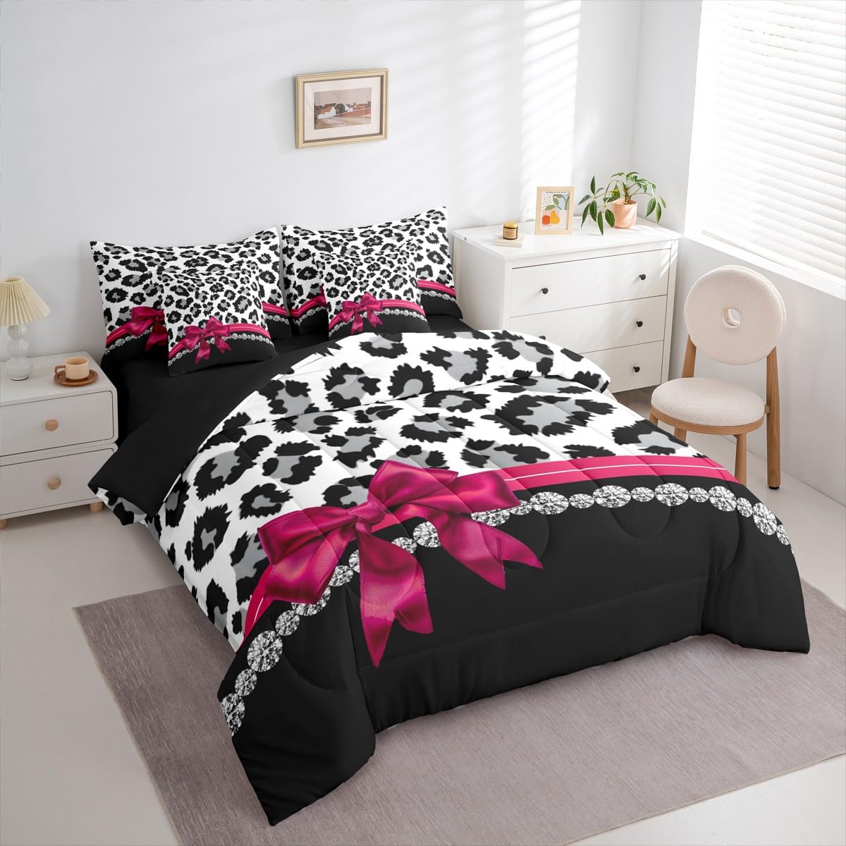 Feelyou Grey Leopard 7 Piece Bedding Set Queen Size Plum Red Bowknot Comforter Set with Sheets for Kids Girls Women Diamond Bed in a Bag Animal Print Bed Set