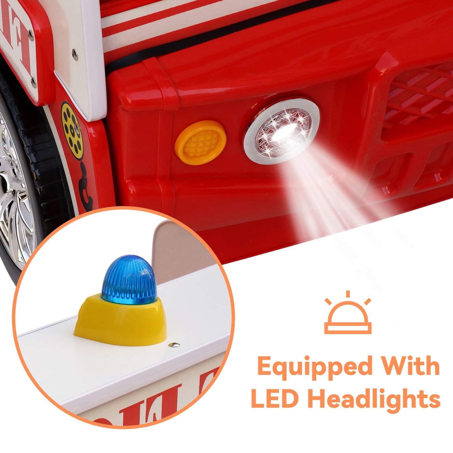 LKTART Twin Size Car Bed for Kids, Fire Truck-Shaped Wooden Platform Bed Frame with LED Lights, Headboard Wheels and Support Slats for Boys Toddlers Child's Bedroom (Red)