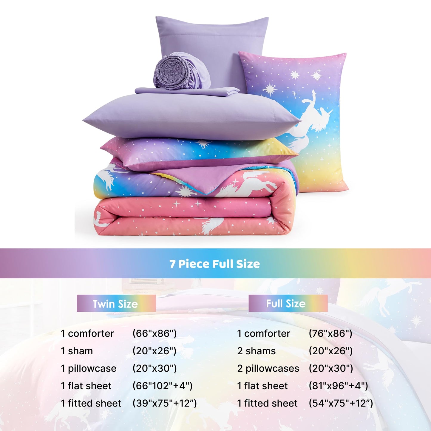 Wink Deer Full Size Comforter Set for Girls-7 Pieces Rainbow Unicorn Full Bedding Sets for Kids, Ultra Soft Bed in A Bag with Sheets