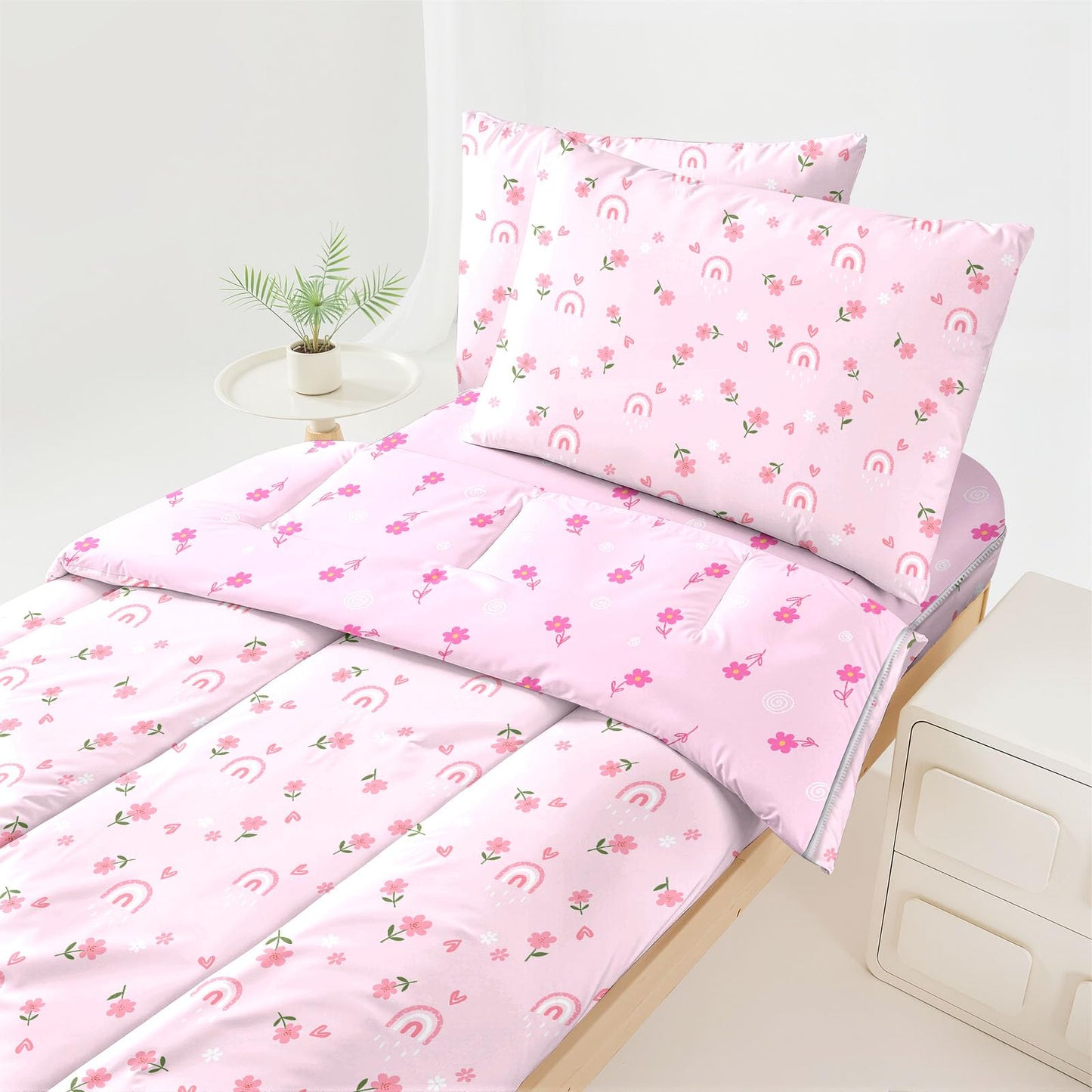 Dearller Pink Zipper Bedding Twin for Girls Rainbow Comforter Girls Twin Comforter All in one Zipper Kids Floral Bedding
